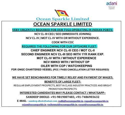 Ocean sparkle urgent vacancies